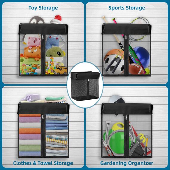 Garagen-Werkzeugorganizer mit 12 Haken, 2 Gurten & 1 Stoffkorb (40 cm) – Verstellbarer Metall-Hakenregal für Gartenwerkzeuge, – Praktische Aufbewahrungslösung für Schuppen & Haushalt