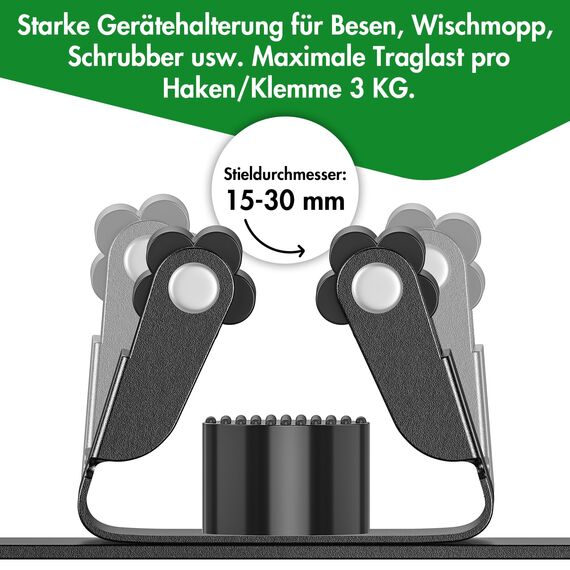 Radikor Besenhalterung Wand, Selbstklebender Besenhalter mit 5 Halter und 4 Haken, Edelstahl Gerätehalter Schraubbar, Gartengerätehalter Gartengeräte Halterung, Besen Mop Halter, Schwarz