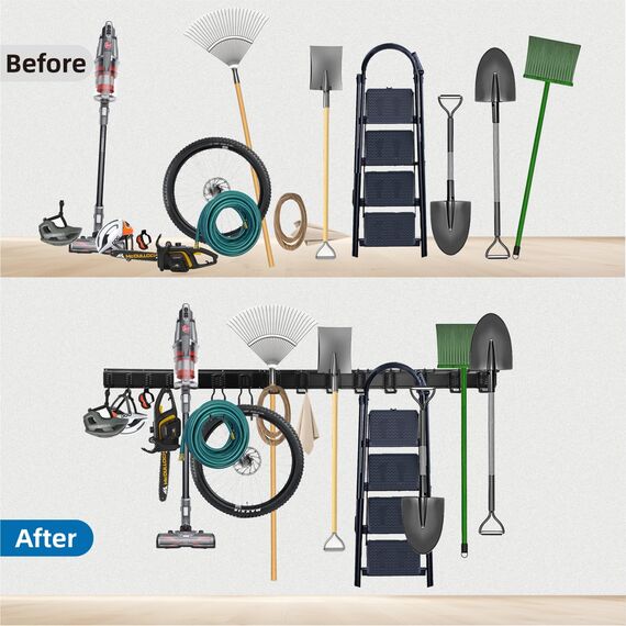 Tool Organizer Wandhalterung, 80 Zoll Garage Organizer Wandmontage, Gartenwerkzeug-Aufbewahrungsregal mit 15 Haken mit 2 Gurten für Skiausrüstung, Rechenschaufel Hofwerkzeuge, Stuhl, Gartenschläuche