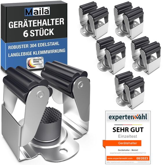 Maila® Gerätehalter (6er Set) - Robuster 304er Edelstahl rostfrei - Besenhalterung Wand mit starker Klemmwirkung, Wandhalterung für Besen, als Werkzeughalter