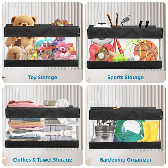 Sinoer Garage Werkzeugregal, Gartenwerkzeug Organizer Rack mit 9 Haken mit 2 Gurten und 1 Stück Stoffkorb, verstellbare Metallhaken, Yard Shed Organizer Rack, Werkzeughalter für Stühle, Besen, Harke