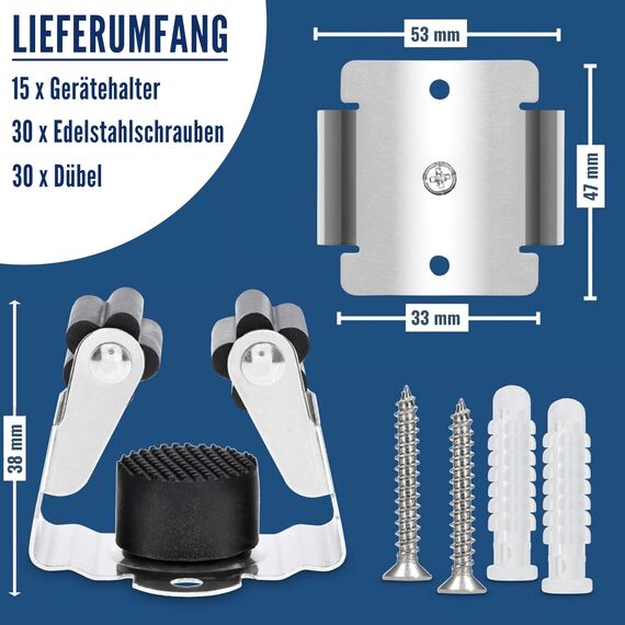 Maila® Gerätehalter (15er Set) - Robuster 304er Edelstahl rostfrei - Besenhalterung Wand mit starker Klemmwirkung, Wandhalterung für Besen, als Werkzeughalter