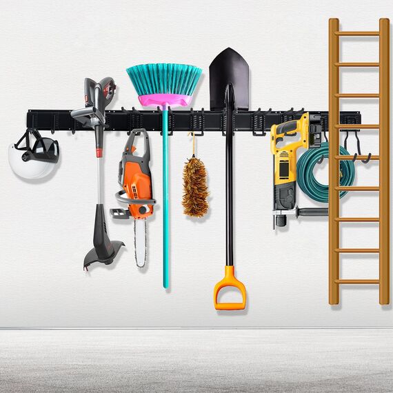 Sinoer Garagen-Werkzeug-Management-Wandregal, Garagen-Wand-Management-Aufbewahrungsregal mit 12 Haken, Kleiderbügel für Skiausrüstung, Gartenwerkzeug, Stuhl, Besen, Mopp, Rechen, Gartengeräte