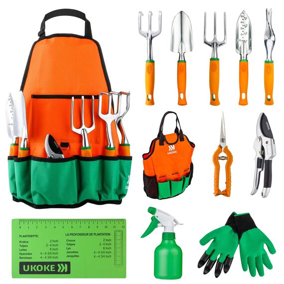 ukoke Garten Werkzeug Set, 12 Stück Aluminium Hand Tool Kit, Garten Leinwand Schürze mit Aufbewahrungsfach, Outdoor Werkzeug, Heavy Duty Gartenarbeiten Set mit ergonomischen Griff, Gartengeräte, für Frauen Herren