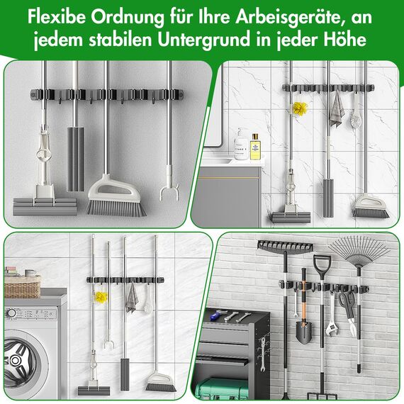 Radikor Besenhalterung Wand, Selbstklebender Besenhalter mit 5 Halter und 4 Haken, Edelstahl Gerätehalter Schraubbar, Gartengerätehalter Gartengeräte Halterung, Besen Mop Halter, Schwarz