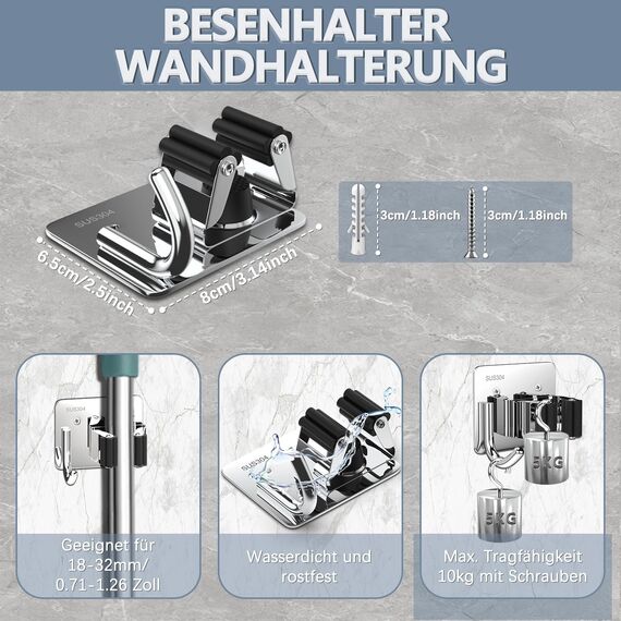 3-H Besenhalterung Wand Selbstklebend, 6 Stück Gerätehalter Besenhalter ohne Bohren, Edelstahl Besen Wandhalterung mit Haken, Gartengerätehalter, Werkzeughalter für Küche Badezimmer Garten, Silber