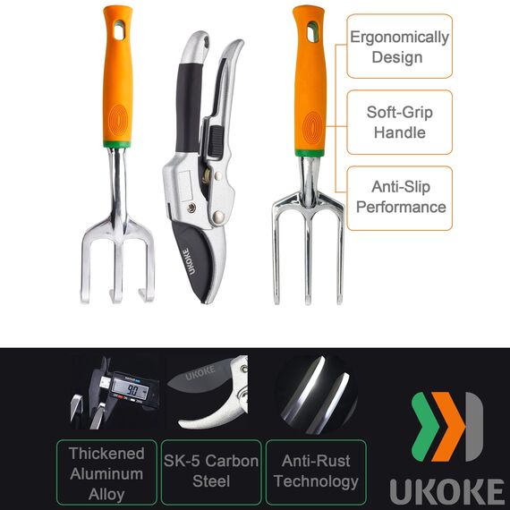 ukoke Garten Werkzeug Set, 12 Stück Aluminium Hand Tool Kit, Garten Leinwand Schürze mit Aufbewahrungsfach, Outdoor Werkzeug, Heavy Duty Gartenarbeiten Set mit ergonomischen Griff, Gartengeräte, für Frauen Herren