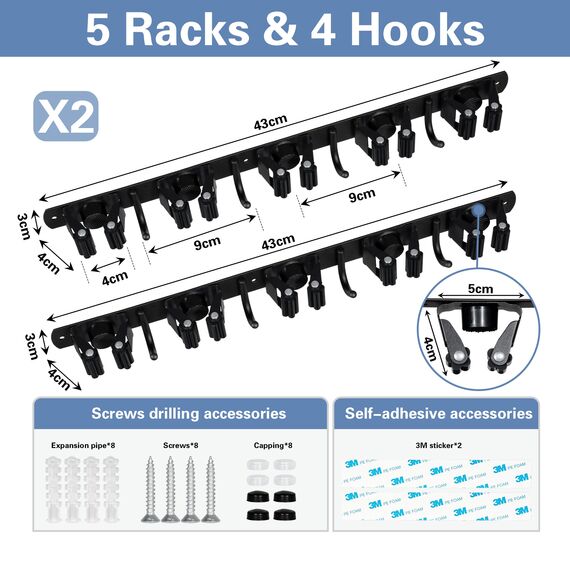 2 Stück Selbstklebendes Edelstahlbesenmop-Halter für Wand, Schrank, Balkon und Badezimmer, 10 Halter und 8 Haken