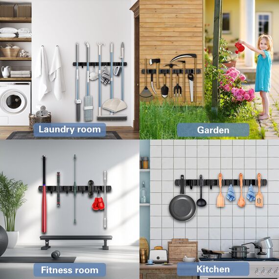 2 Stück Selbstklebendes Edelstahlbesenmop-Halter für Wand, Schrank, Balkon und Badezimmer, 10 Halter und 8 Haken