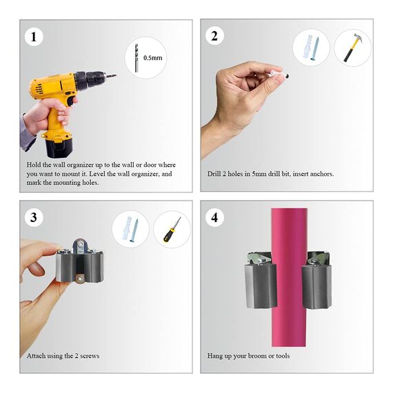 3-H Besenhalterung Wand,Gerätehalter 6 Stück,Besen Halterung Federstahl ist 0,7mm dick statt 0,5mm,Gartengerätehalter,Werkzeughalter für Wände,Mauern,Küche,Zuhause,Badezimmer,Garage,Gart(grau)