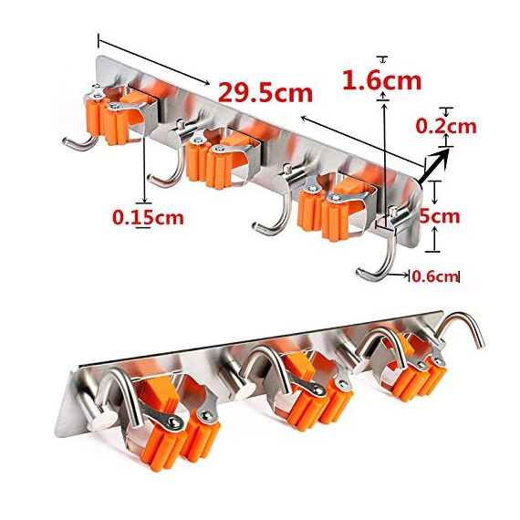 Meiyijia Wandhalterung Multifunktional, selbstklebend, Mop Halterung, 304 gebürstet, Edelstahl, zum Aufhängen von Werkzeugen, 3 Schlitzen und 4 Haken