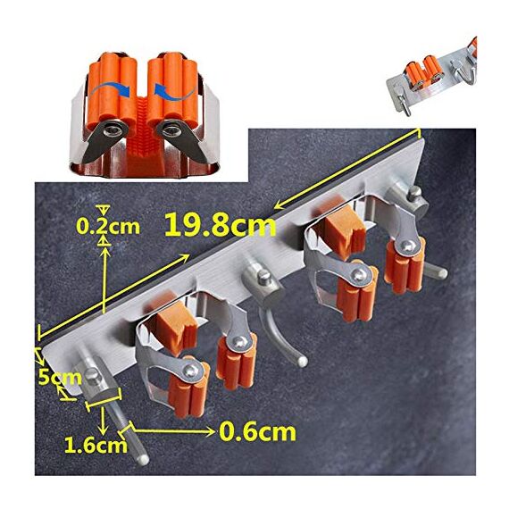 Meiyijia Wandhalterung Multifunktional, selbstklebend, Mop Halterung, 304 gebürstet, Edelstahl, zum Aufhängen von Werkzeugen, 2 Schlitzen und 3 Haken