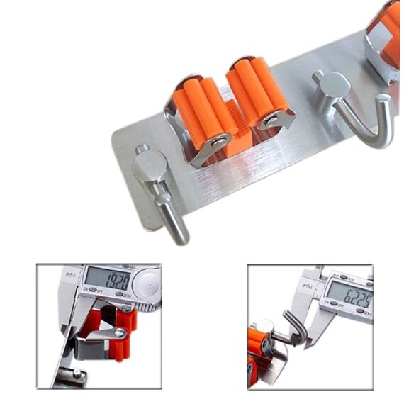 Meiyijia Wandhalterung Multifunktional, selbstklebend, Mop Halterung, 304 gebürstet, Edelstahl, zum Aufhängen von Werkzeugen, 3 Schlitzen und 4 Haken