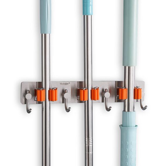 Meiyijia Wandhalterung Multifunktional, selbstklebend, Mop Halterung, 304 gebürstet, Edelstahl, zum Aufhängen von Werkzeugen, 3 Schlitzen und 4 Haken