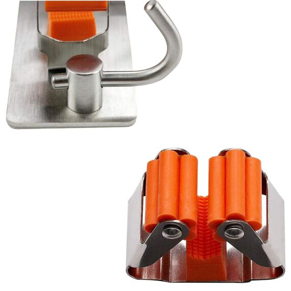 Meiyijia Wandhalterung Multifunktional, selbstklebend, Mop Halterung, 304 gebürstet, Edelstahl, zum Aufhängen von Werkzeugen, 3 Schlitzen und 4 Haken