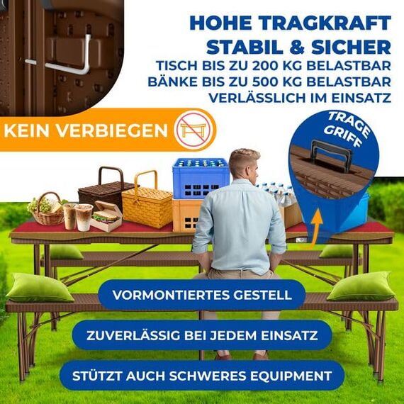 KESSER® Bierzeltgarnitur 3-teilig Set Tisch & 2x Bank | Buffettisch für drinnen & draußen Gartengarnitur klappbar 183x76x74cm Kunststoff Klapptisch Rattan-Look Gartentisch Inkl Abdeckung & Tragegriffe