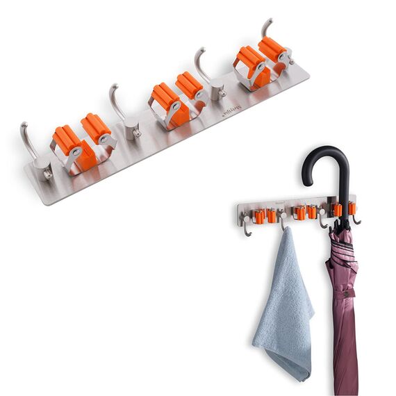 Meiyijia Wandhalterung Multifunktional, selbstklebend, Mop Halterung, 304 gebürstet, Edelstahl, zum Aufhängen von Werkzeugen, 3 Schlitzen und 4 Haken