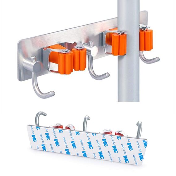 Meiyijia Wandhalterung Multifunktional, selbstklebend, Mop Halterung, 304 gebürstet, Edelstahl, zum Aufhängen von Werkzeugen, 2 Schlitzen und 3 Haken