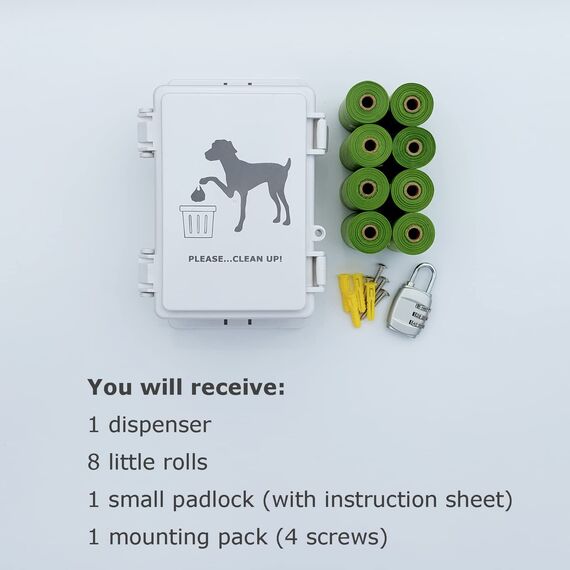 Hundekotbeutelspender, wandmontiert, für den Außenbereich, Aufbewahrungsbehälter mit Schloss, 8 kleine Rollen, Pfahl, Zaunmontage, passend für gewerbliche Anlässe zu Hause (weißer Spender + 8 Rollen +