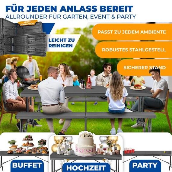 KESSER® Bierzeltgarnitur 3-teilig Set Tisch & 2X Bank | Buffettisch für drinnen & draußen Gartengarnitur klappbar 183x76x74cm Kunststoff Klapptisch Gartentisch Inkl Abdeckung & Tragegriffe