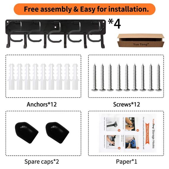 YueTong 172,7 cm Gartenwerkzeug-Organizer aus Metall, verstellbare Garagen-Wand-Organizer und Aufbewahrung, robuste Wandhalterung mit Haken für Besen, Rechen, Mop, Schaufel (4 Stück)