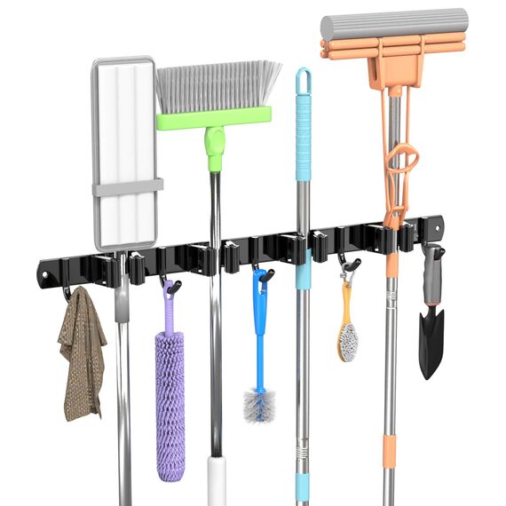 3-H Besenhalterung Wand, 2-in-1 Dual Montage (Stabile Schraubmontage oder wandschonend selbstklebend), Edelstahl Gerätehalter Wandhalterung für Badezimmer Garten Garage (4 Halter & 5 Haken, Schwarz)