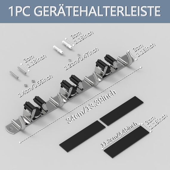 3-H Besenhalterung Wand, 2-in-1 Dual Montage (Stabile Schraubmontage oder wandschonend selbstklebend), Edelstahl Gerätehalter Wandhalterung für Badezimmer Garten Garage (3 Halter & 4 Haken, Silber)
