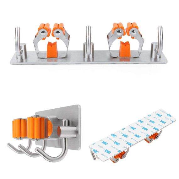 Meiyijia Wandhalterung Multifunktional, selbstklebend, Mop Halterung, 304 gebürstet, Edelstahl, zum Aufhängen von Werkzeugen, 2 Schlitzen und 3 Haken