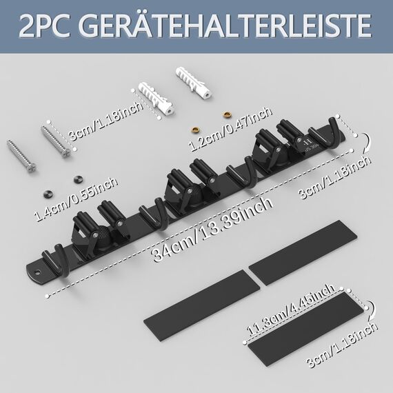 3-H Besenhalterung Wand 2 Stück, 2-in-1 Dual Montage (Stabile Schraubmontage oder wandschonend selbstklebend), Edelstahl Gerätehalter Wandhalterung für Garten Garage Keller(3 Halter & 4 Haken,Schwarz)