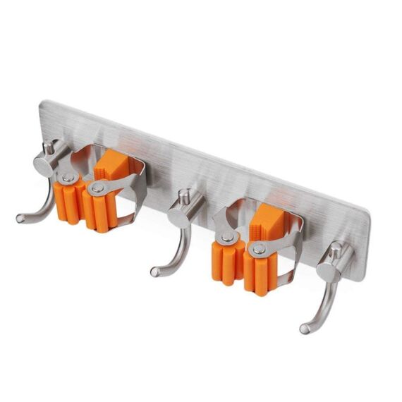 Meiyijia Wandhalterung Multifunktional, selbstklebend, Mop Halterung, 304 gebürstet, Edelstahl, zum Aufhängen von Werkzeugen, 2 Schlitzen und 3 Haken