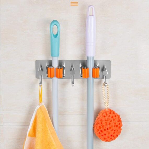 Meiyijia Wandhalterung Multifunktional, selbstklebend, Mop Halterung, 304 gebürstet, Edelstahl, zum Aufhängen von Werkzeugen, 2 Schlitzen und 3 Haken