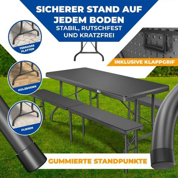 KESSER® Bierzeltgarnitur 3-teilig Set Tisch & 2X Bank | Buffettisch für drinnen & draußen Gartengarnitur klappbar 183x76x74cm Kunststoff Klapptisch Gartentisch Inkl Abdeckung & Tragegriffe
