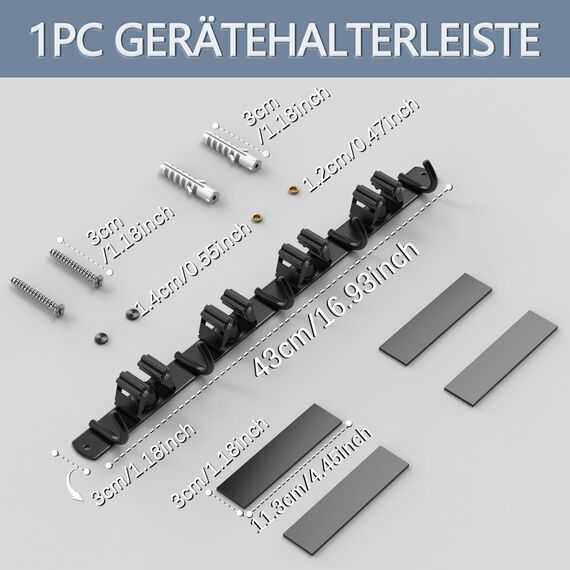 3-H Besenhalterung Wand, 2-in-1 Dual Montage (Stabile Schraubmontage oder wandschonend selbstklebend), Edelstahl Gerätehalter Wandhalterung für Badezimmer Garten Garage (4 Halter & 5 Haken, Schwarz)