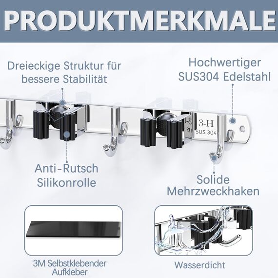 3-H Besenhalterung Wand, 2-in-1 Dual Montage (Stabile Schraubmontage oder wandschonend selbstklebend), Edelstahl Gerätehalter Wandhalterung für Badezimmer Garten Garage (3 Halter & 4 Haken, Silber)