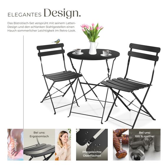 tectake® Gartenmöbel Bistro Set aus Gartentisch mit Stühlen, Balkonmöbel Kleiner Balkon, Klapptisch mit 2X Gartenstuhl, Outdoor Sitzgruppe mit Balkontisch, wetterfest für Garten, Balkon (schwarz)