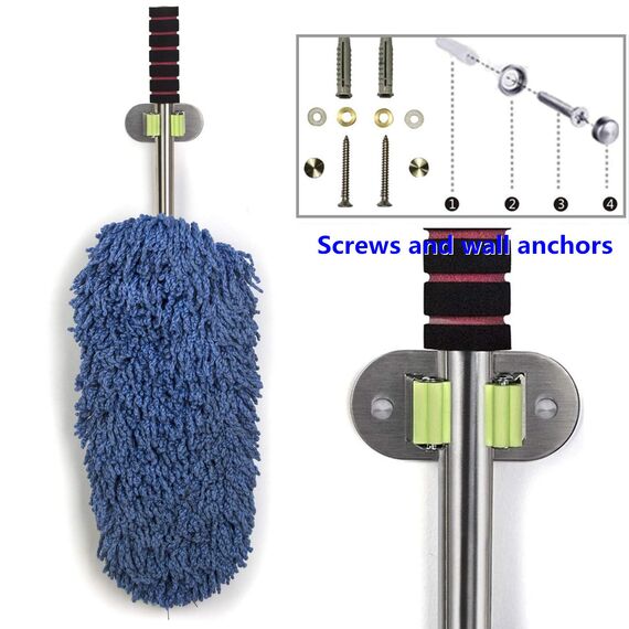 Meiyijia Besenhalter für die Wand, multifunktional, Bohren von Schrauben und selbstklebend, Mop Halterung, 304 gebürstet, Edelstahl, zum Aufhängen von Werkzeugen, 2 Stück