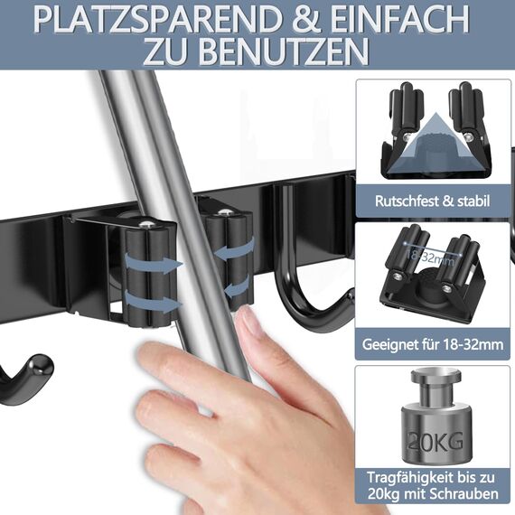3-H Besenhalterung Wand, 2-in-1 Dual Montage (Stabile Schraubmontage oder wandschonend selbstklebend), Edelstahl Gerätehalter Wandhalterung für Badezimmer Garten Garage (4 Halter & 5 Haken, Schwarz)