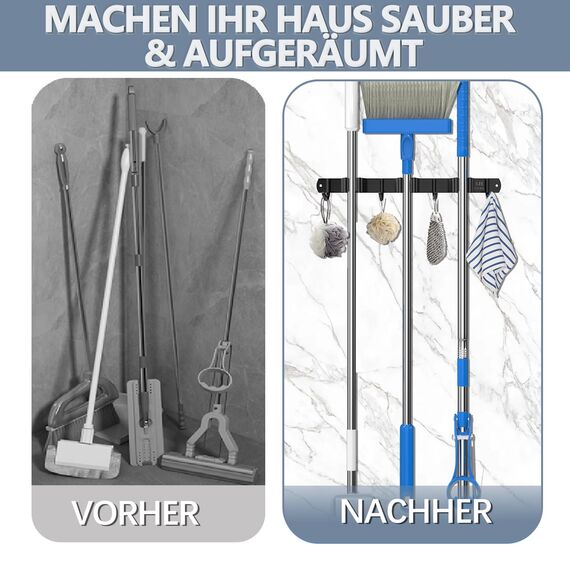 3-H Besenhalterung Wand 2 Stück, 2-in-1 Dual Montage (Stabile Schraubmontage oder wandschonend selbstklebend), Edelstahl Gerätehalter Wandhalterung für Garten Garage Keller(3 Halter & 4 Haken,Schwarz)