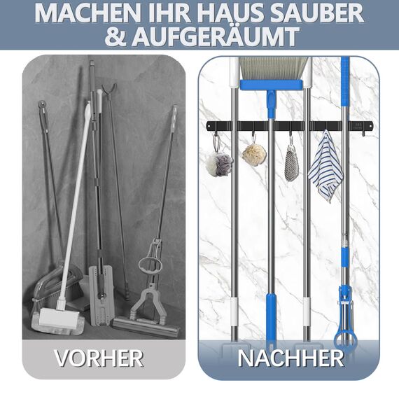 3-H Besenhalterung Wand, 2-in-1 Dual Montage (Stabile Schraubmontage oder wandschonend selbstklebend), Edelstahl Gerätehalter Wandhalterung für Badezimmer Garten Garage (4 Halter & 5 Haken, Schwarz)