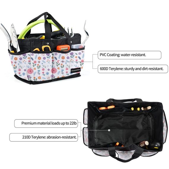 Housolution Garten Werkzeugtasche, Deluxe Garten Werkzeug Aufbewahrungstasche und Gartengerätetasche mit Kleinen Taschen, Verschleißfest und Wiederverwendbar, 14 Zoll, Weiße Blume
