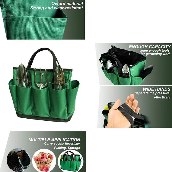 YGYQZ Tasche für Gartenwerkzeug - Wasserdicht Oxford Garten Werkzeug Aufbewahrungstasche mit 9 Kleinen Taschen, Mehrzweck Garten Werkzeug Tasche, Werkzeugtasche, Grün