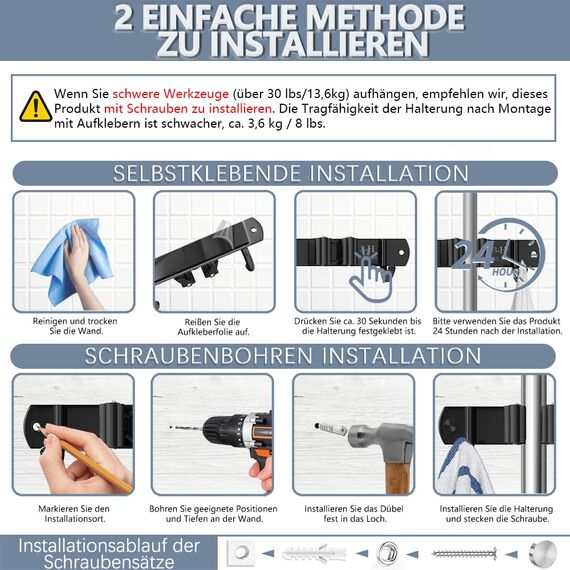 3-H Besenhalterung Wand 2 Stück, 2-in-1 Dual Montage (Stabile Schraubmontage oder wandschonend selbstklebend), Edelstahl Gerätehalter Wandhalterung für Garten Garage Keller(4 Halter & 5 Haken,Schwarz)