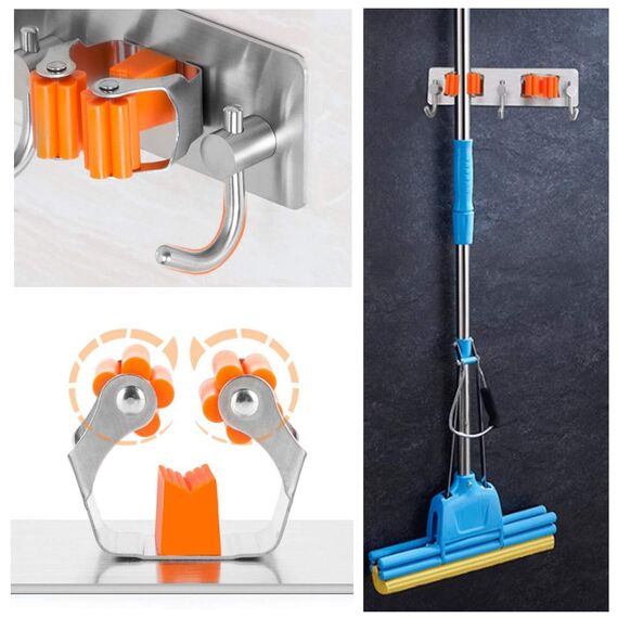 Meiyijia Wandhalterung Multifunktional, selbstklebend, Mop Halterung, 304 gebürstet, Edelstahl, zum Aufhängen von Werkzeugen, 2 Schlitzen und 3 Haken