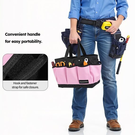 Housolution Garten Werkzeugtasche, Deluxe Garten Werkzeug Aufbewahrungstasche und Gartengerätetasche mit Kleinen Taschen, Verschleißfest und Wiederverwendbar, 14 Zoll, Rosa