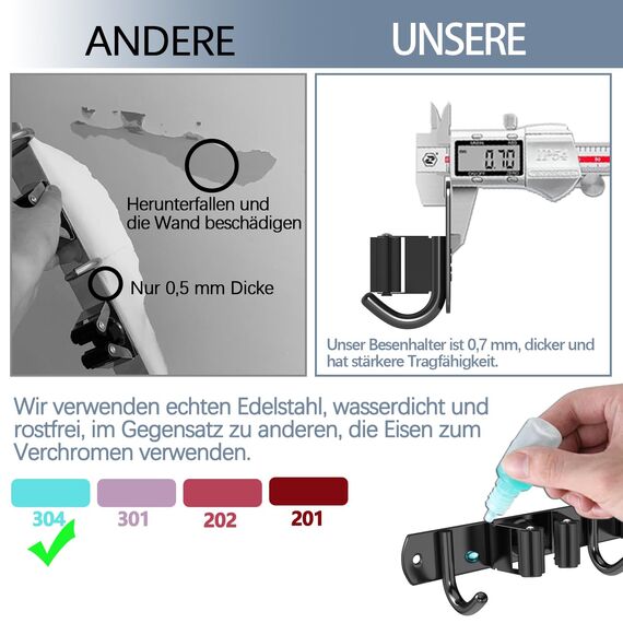 3-H Besenhalterung Wand 2 Stück, 2-in-1 Dual Montage (Stabile Schraubmontage oder wandschonend selbstklebend), Edelstahl Gerätehalter Wandhalterung für Garten Garage Keller(3 Halter & 4 Haken,Schwarz)