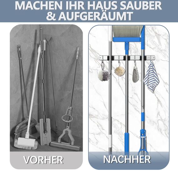 3-H Besenhalterung Wand, 2-in-1 Dual Montage (Stabile Schraubmontage oder wandschonend selbstklebend), Edelstahl Gerätehalter Wandhalterung für Badezimmer Garten Garage (3 Halter & 4 Haken, Silber)
