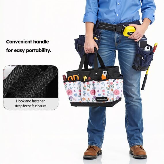 Housolution Garten Werkzeugtasche, Deluxe Garten Werkzeug Aufbewahrungstasche und Gartengerätetasche mit Kleinen Taschen, Verschleißfest und Wiederverwendbar, 14 Zoll, Weiße Blume