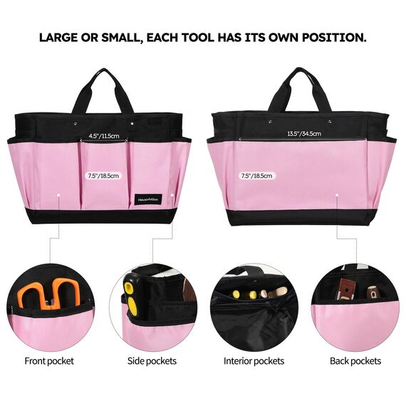 Housolution Garten Werkzeugtasche, Deluxe Garten Werkzeug Aufbewahrungstasche und Gartengerätetasche mit Kleinen Taschen, Verschleißfest und Wiederverwendbar, 14 Zoll, Rosa