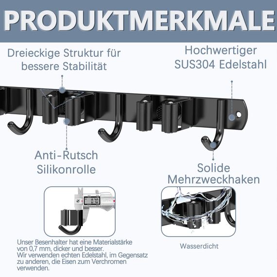 3-H Besenhalterung Wand, 2-in-1 Dual Montage (Stabile Schraubmontage oder wandschonend selbstklebend), Edelstahl Gerätehalter Wandhalterung für Badezimmer Garten Garage (4 Halter & 5 Haken, Schwarz)