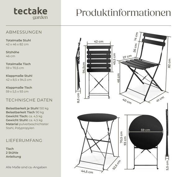 tectake® Gartenmöbel Bistro Set aus Gartentisch mit Stühlen, Balkonmöbel Kleiner Balkon, Klapptisch mit 2X Gartenstuhl, Outdoor Sitzgruppe mit Balkontisch, wetterfest für Garten, Balkon (schwarz)